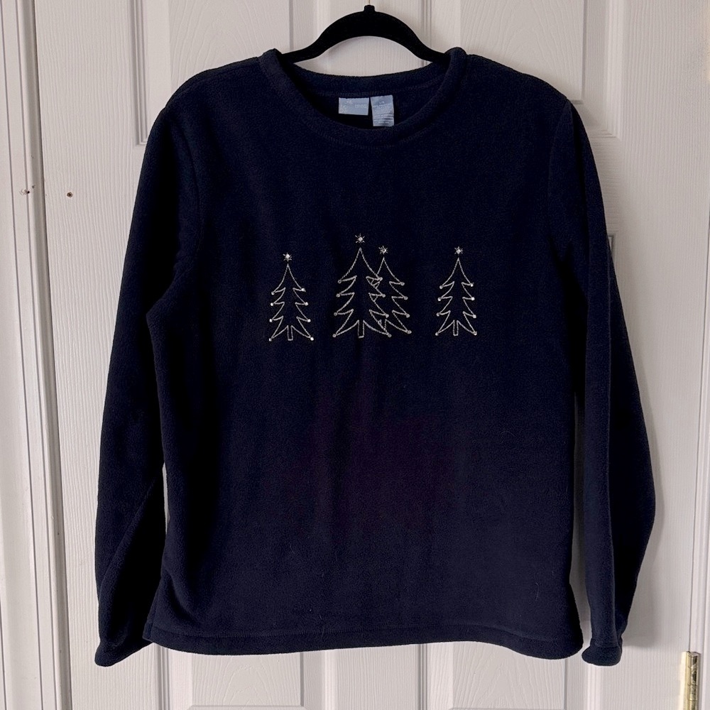 NEW Holiday Editions Navy Blue Fleece Sweater w/SparklyChristmas Trees Size L